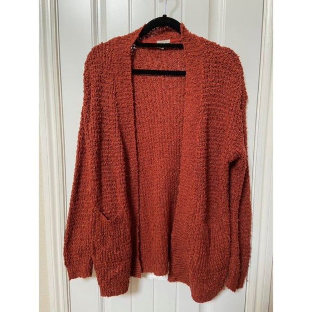 Long Burnt Orange Open-Front Cardigan